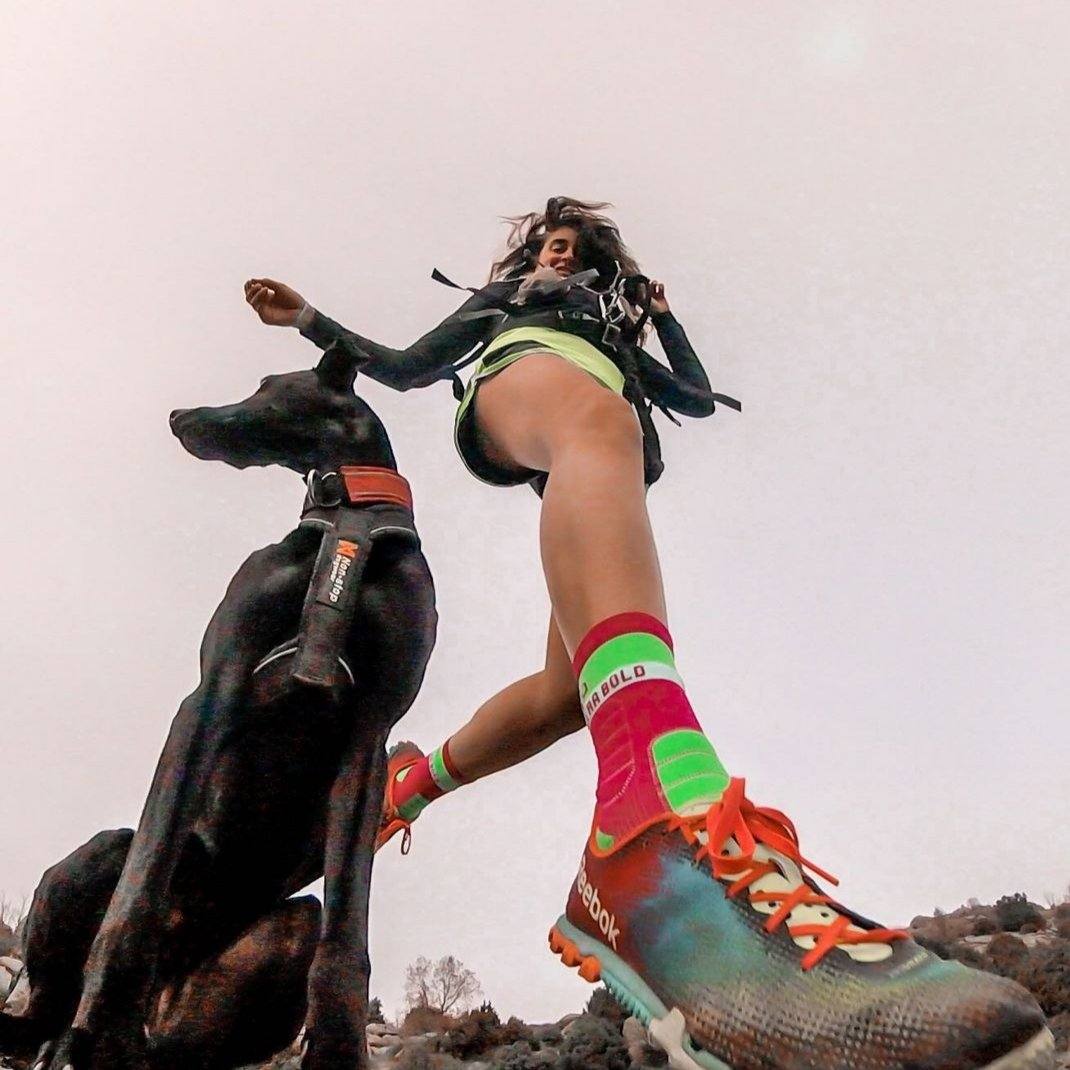 Calcetines Trail Running anti ampollas Ultra Bold Trail Running rosa y verde. Unisex - evernya