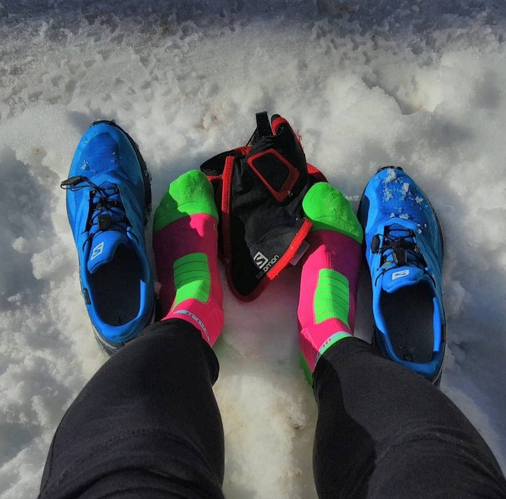Calcetines Trail Running anti ampollas Ultra Bold Trail Running rosa y verde. Unisex - evernya